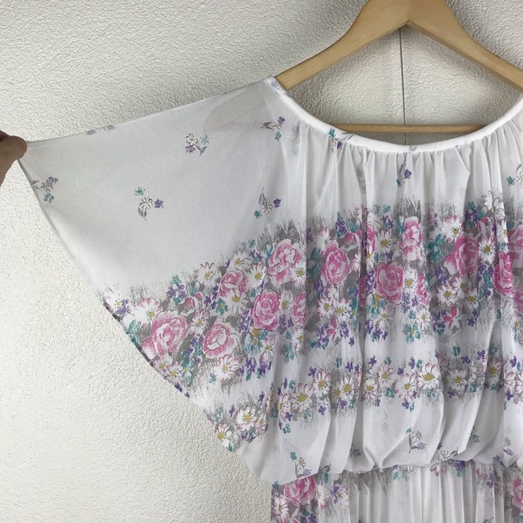 Vintage l 80s S Sheer Floral Daisy Cottagecore Flutter Sleeve Pleated Boho Dress - Picture 3 of 14